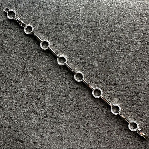 NEW Pretty Bird Pave Circular & Bar Link White Gold Plated Bracelet 6.75" / 7.5" - Picture 3 of 13